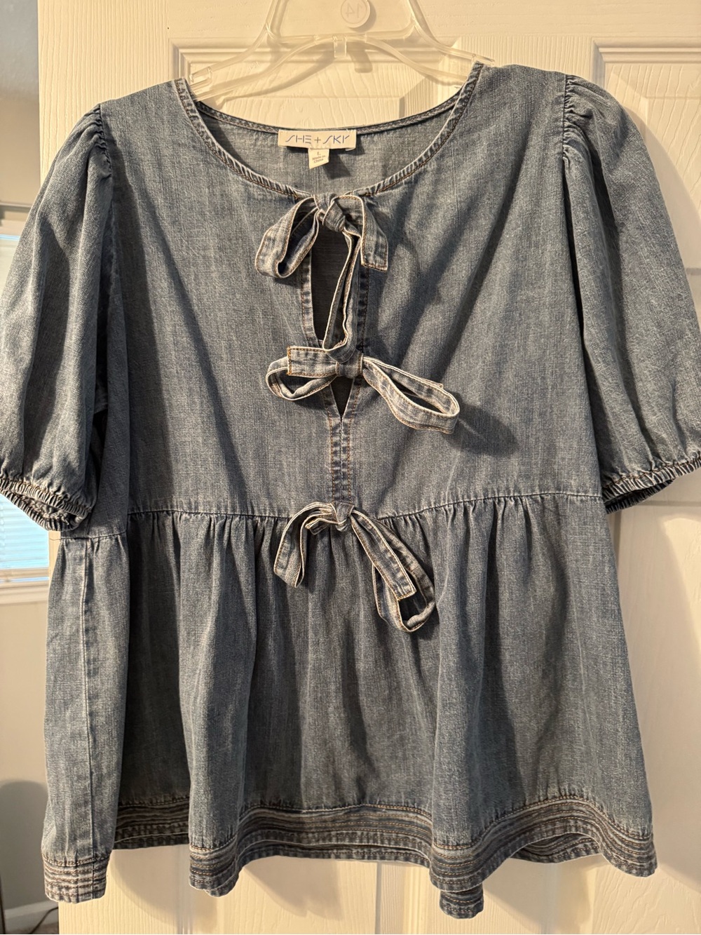 She + Sky Light Wash Denim Tie-Front Tunic